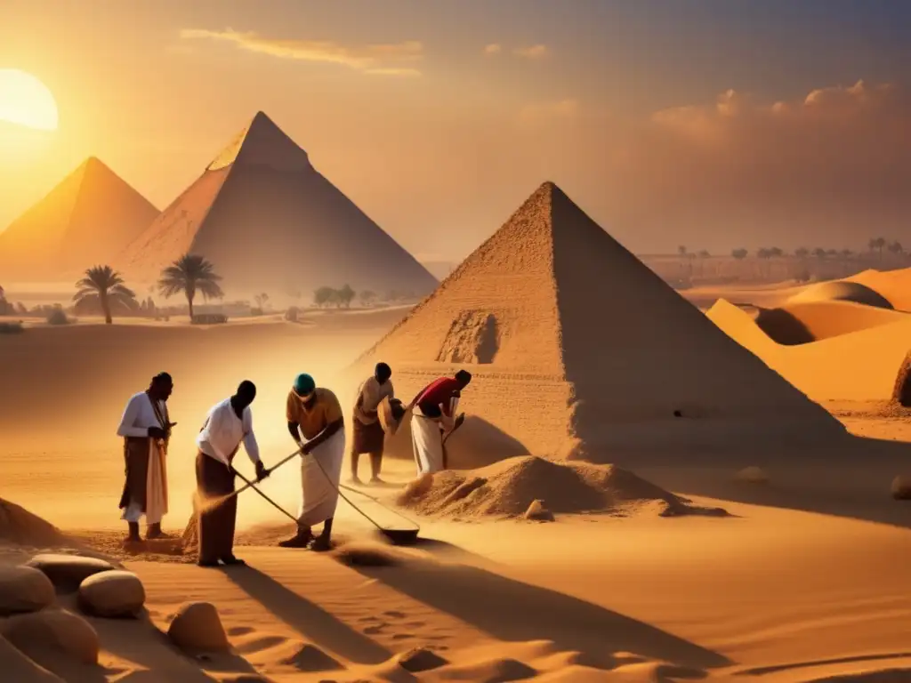 Un equipo de arqueólogos desentierra cuidadosamente un antiguo sitio funerario egipcio al atardecer, en las sombras de las pirámides de Giza