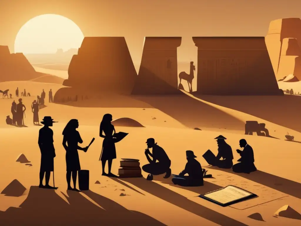 Equipo de arqueólogos en el desierto egipcio, rodeados de ruinas antiguas