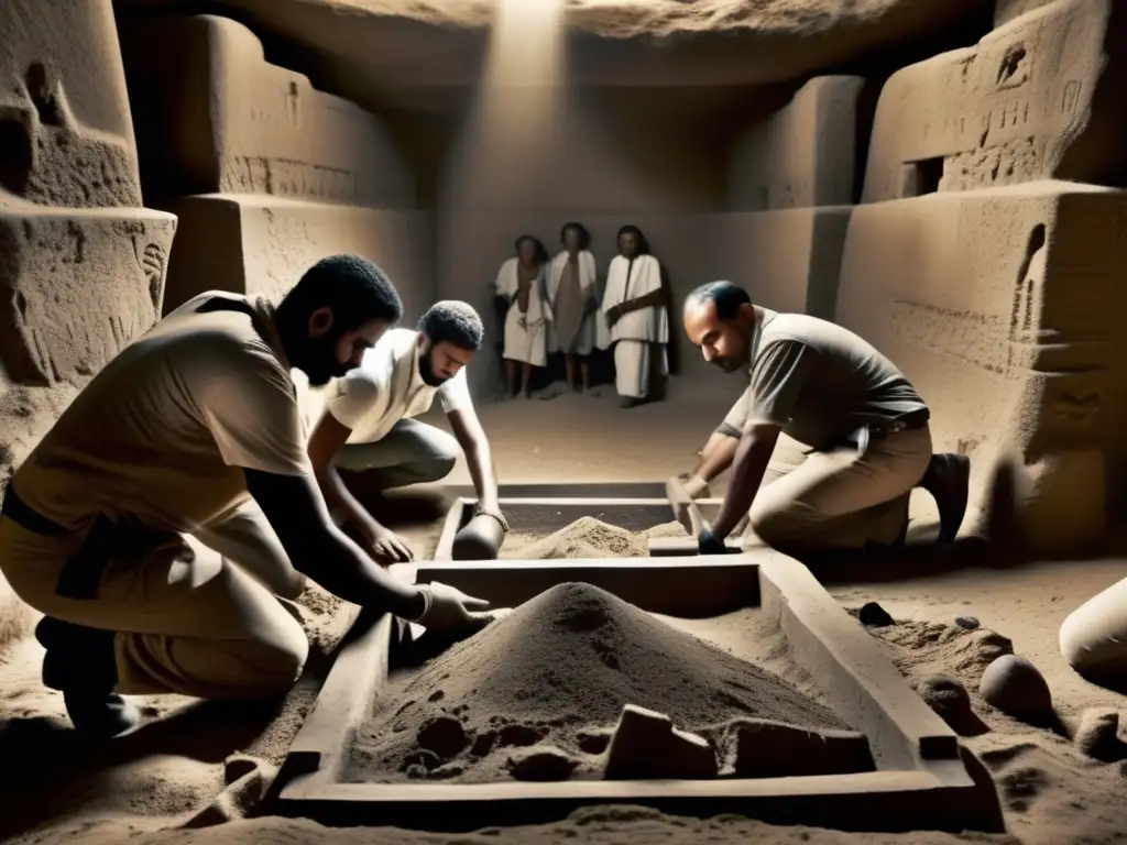 Equipo de arqueólogos en excavación egipcia, meticulosamente desenterrando tumbas antiguas