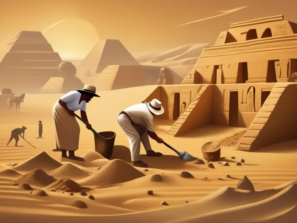 Equipo de arqueólogos desenterrando ruinas en el caluroso desierto egipcio