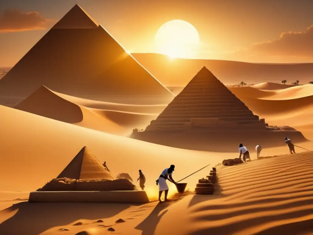 Equipo de arqueólogos desvelando secretos ocultos en una excavación al pie de una majestuosa pirámide egipcia