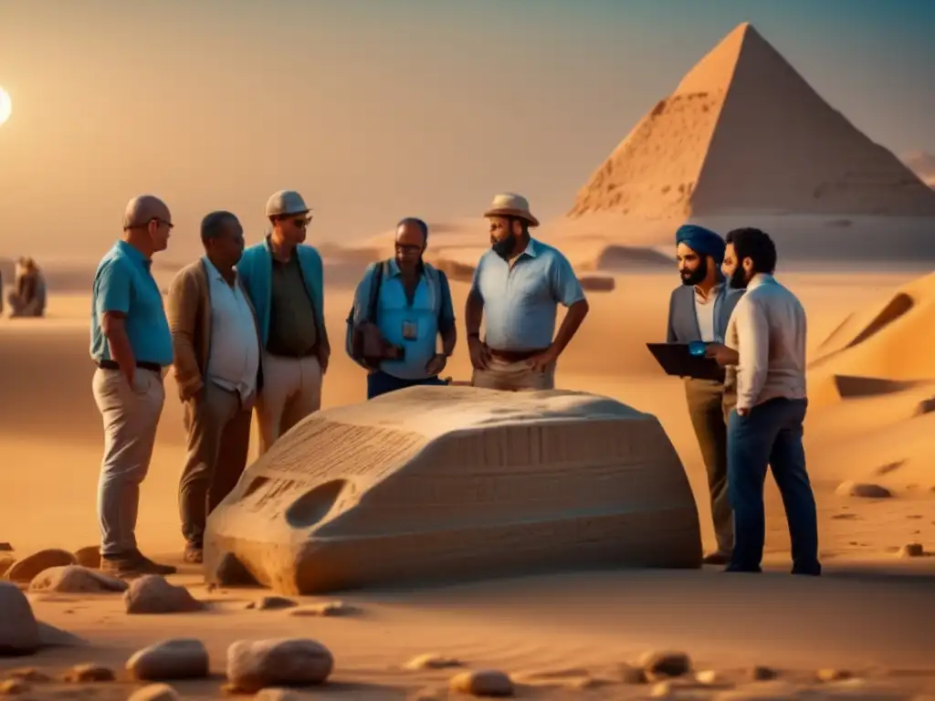 Equipo de arqueólogos y técnicos en el desierto egipcio antiguo, utilizando tecnología de escáner 3D para revelar los secretos de la historia