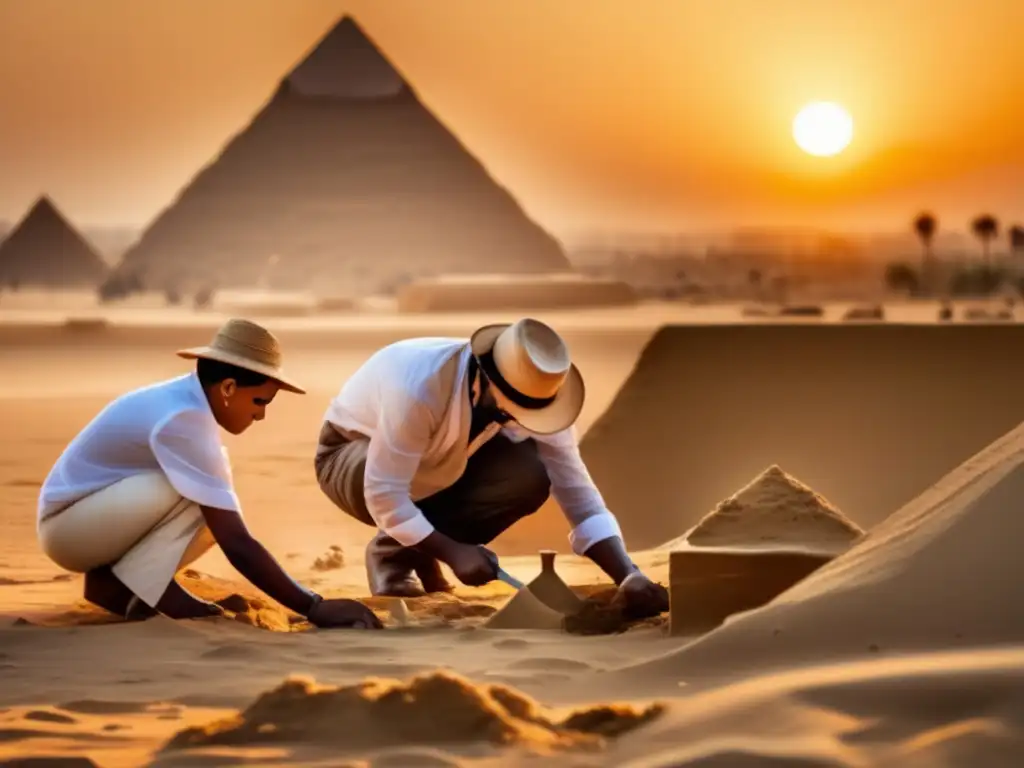 Equipo de arqueólogos desenterrando tesoros egipcios al amanecer