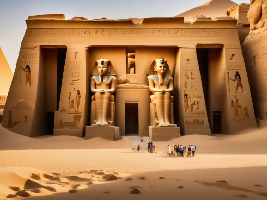 Equipo de conservadores restaura basrelieve en ruinas egipcias bajo la cálida luz dorada