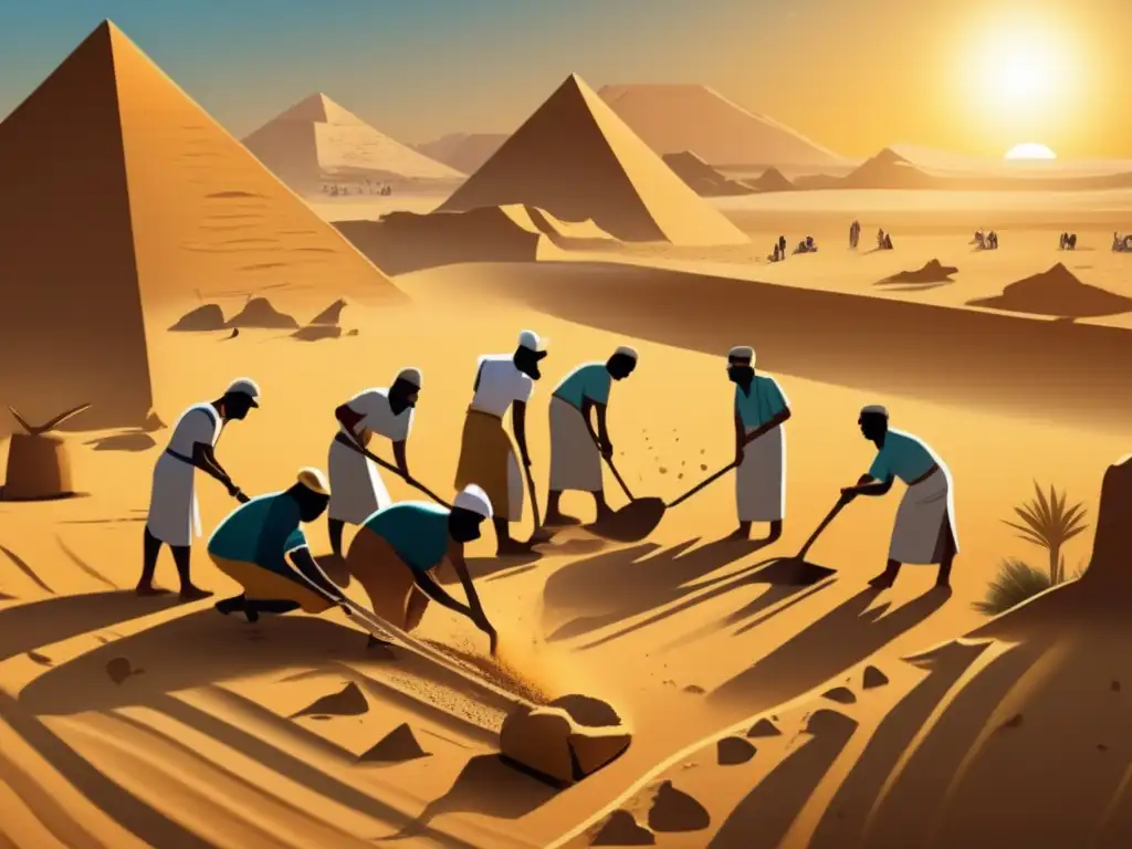 Equipo de obreros egipcios antiguos usando técnicas de excavación en Egipto