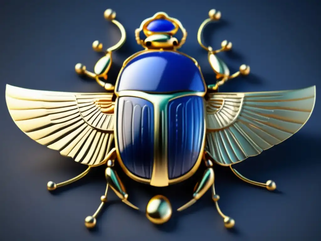 Un escarabajo sagrado antiguo, elaborado con materiales preciosos como lapislázuli y oro, descansa sobre una delicada flor de loto