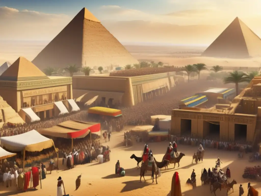 Escena animada de la antigua economía e expansión territorial en Egipto: mercado vibrante, autoridades y paisajes majestuosos a orillas del Nilo