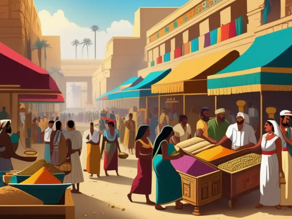Una escena animada de un bullicioso mercado en la antigua civilización egipcia de Punt