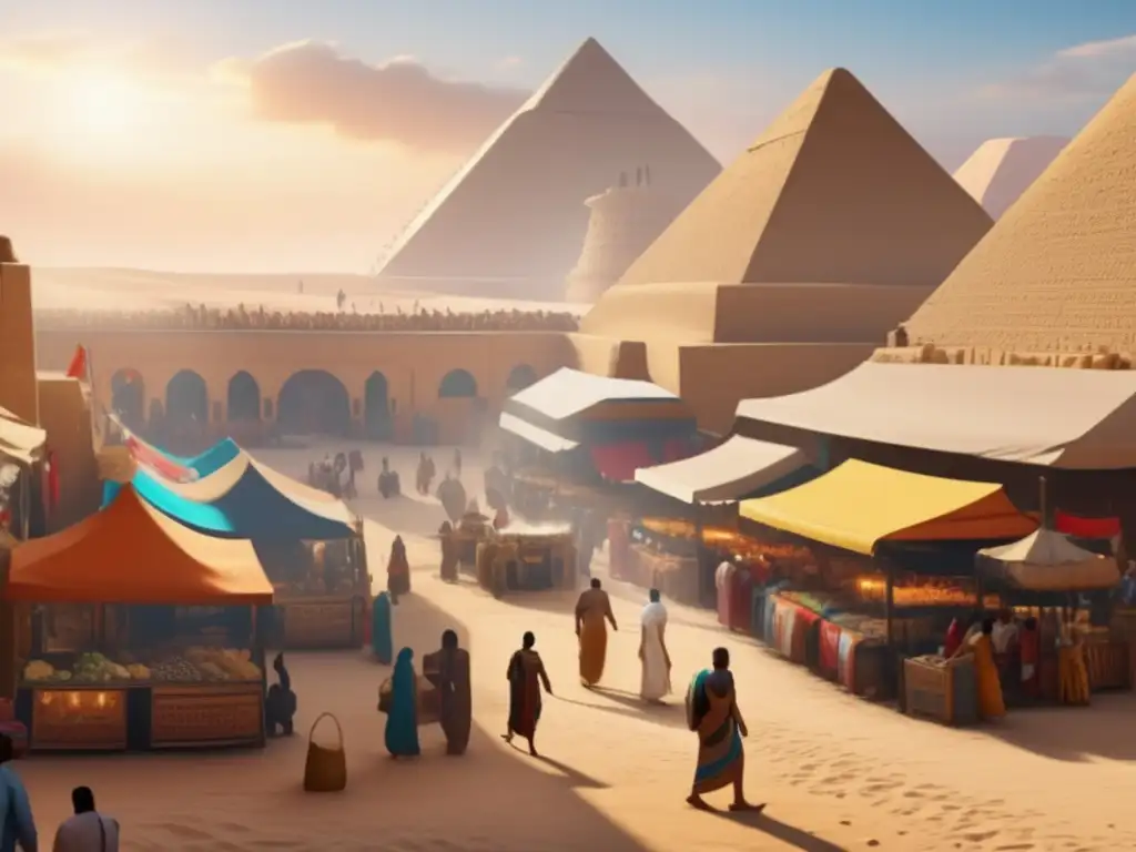 Escena animada de un bullicioso mercado en el antiguo Egipto con templos y pirámides al fondo