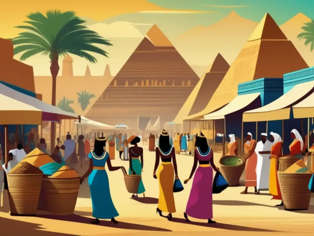 Una escena animada del mercado en el antiguo Egipto, donde las mujeres desempeñan diversos roles en su vida diaria