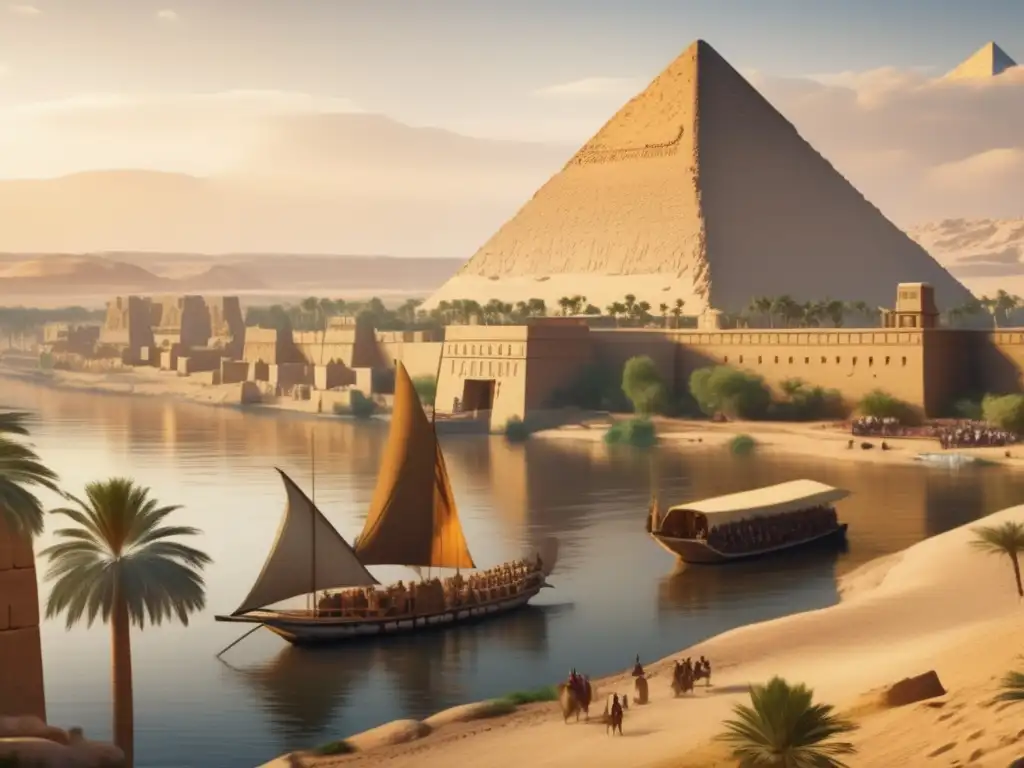 Una escena antigua en Egipto muestra una ciudad fortificada a lo largo del río Nilo, con muros de piedra y torres de vigilancia