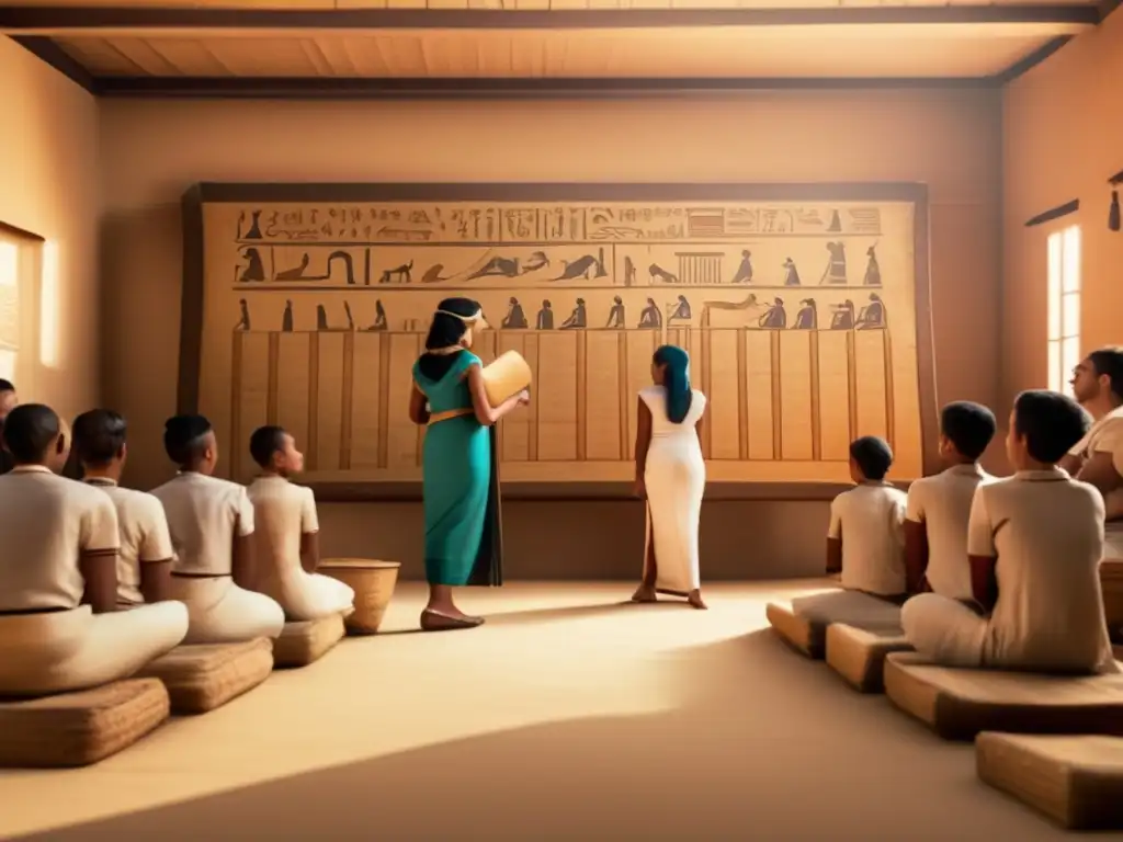 Escena de una antigua clase en Egipto: estudiantes atentos escuchan al profesor junto a un podio de madera