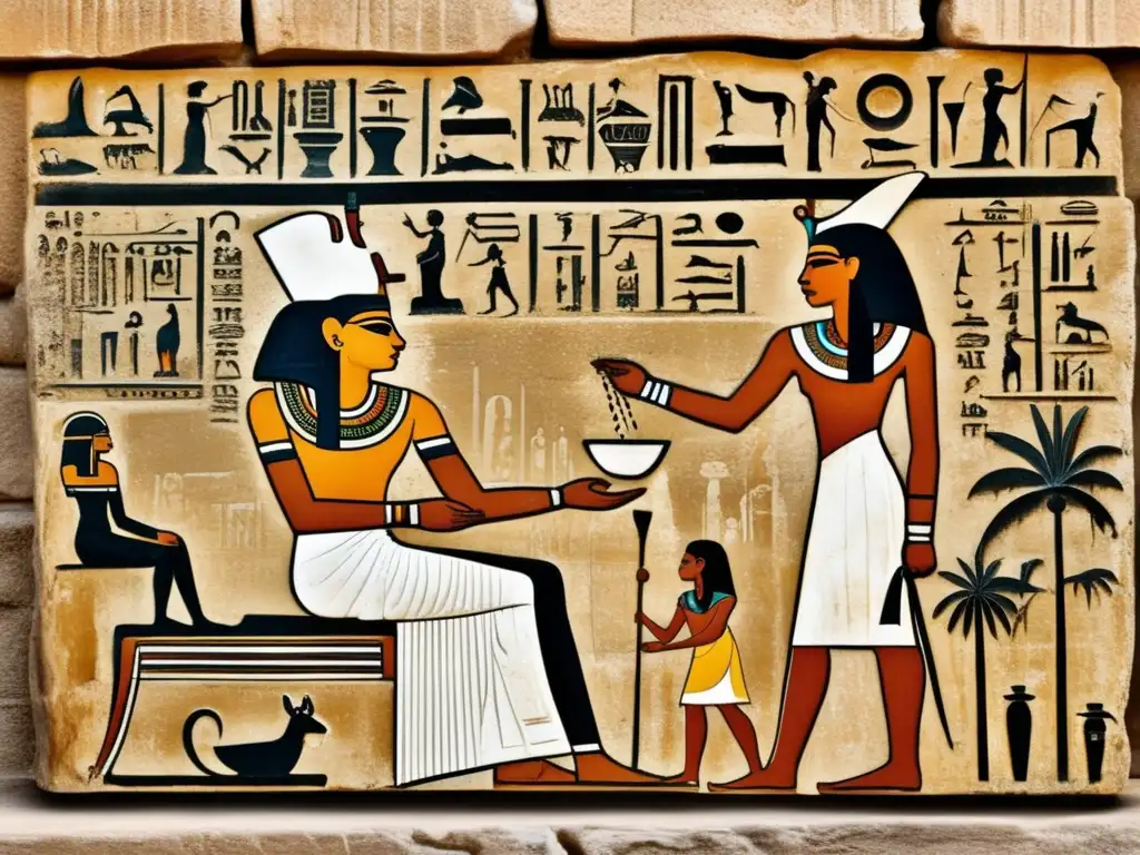 Escena antigua de tratamiento de la lepra en Egipto, con médico egipcio aplicando ungüento medicinal a paciente