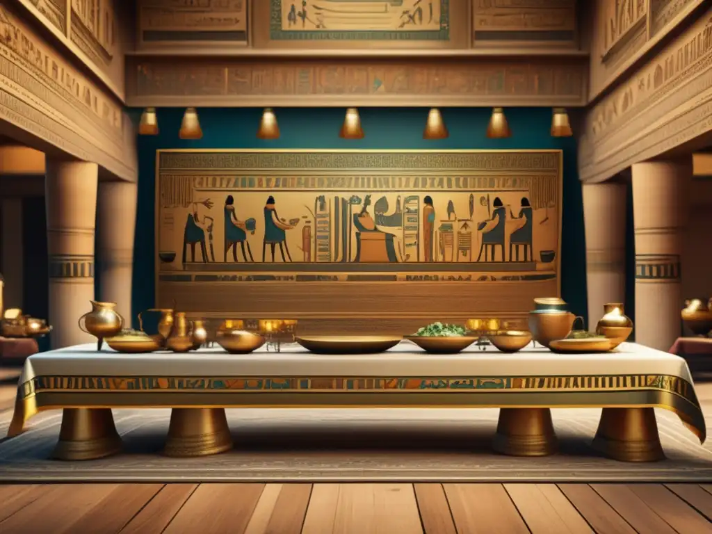 Una escena de un antiguo banquete egipcio en una sala grandiosa, llena de jeroglíficos y tallados detallados