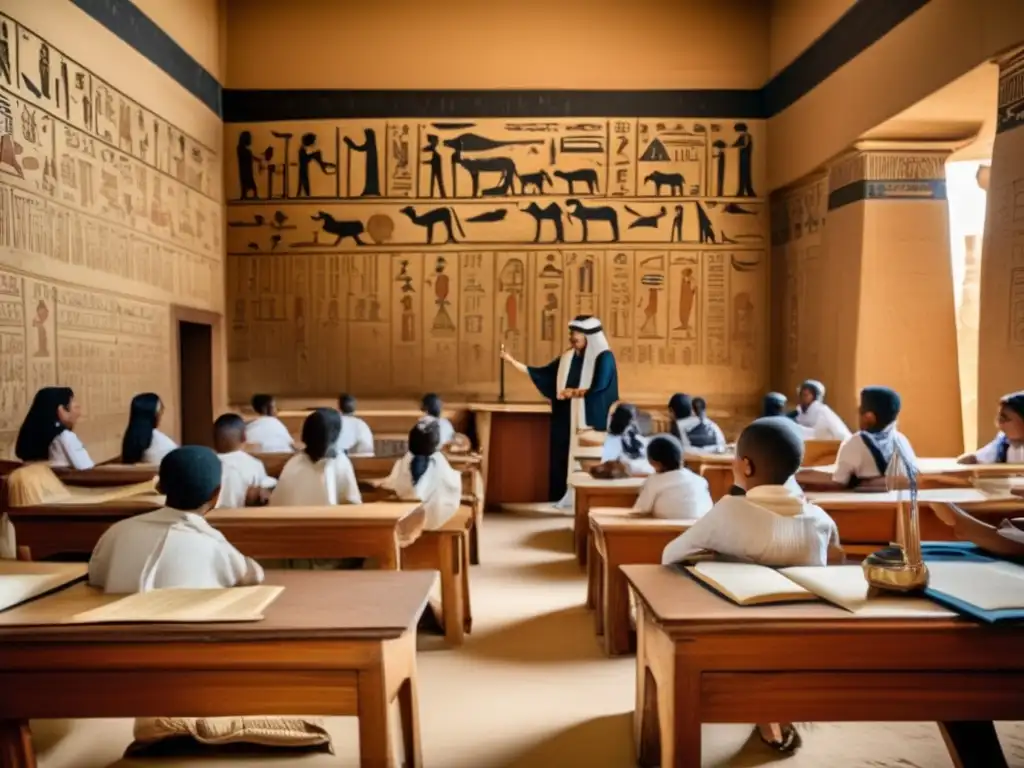 Una escena de aula del Antiguo Egipto, donde un profesor imparte enseñanzas a estudiantes