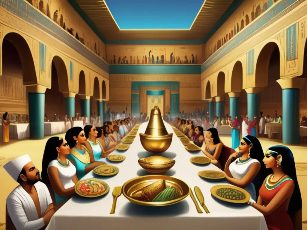 Una escena de banquete en el antiguo Egipto, con luces doradas que evocan nostalgia y opulencia