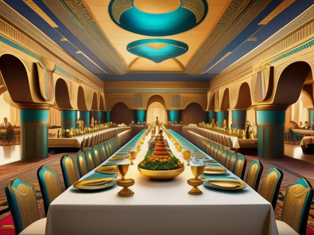 Banquete egipcio: un festín exquisito que transporta a la antigua realeza Una escena de banquete egipcio vintage despliega un festín opulento