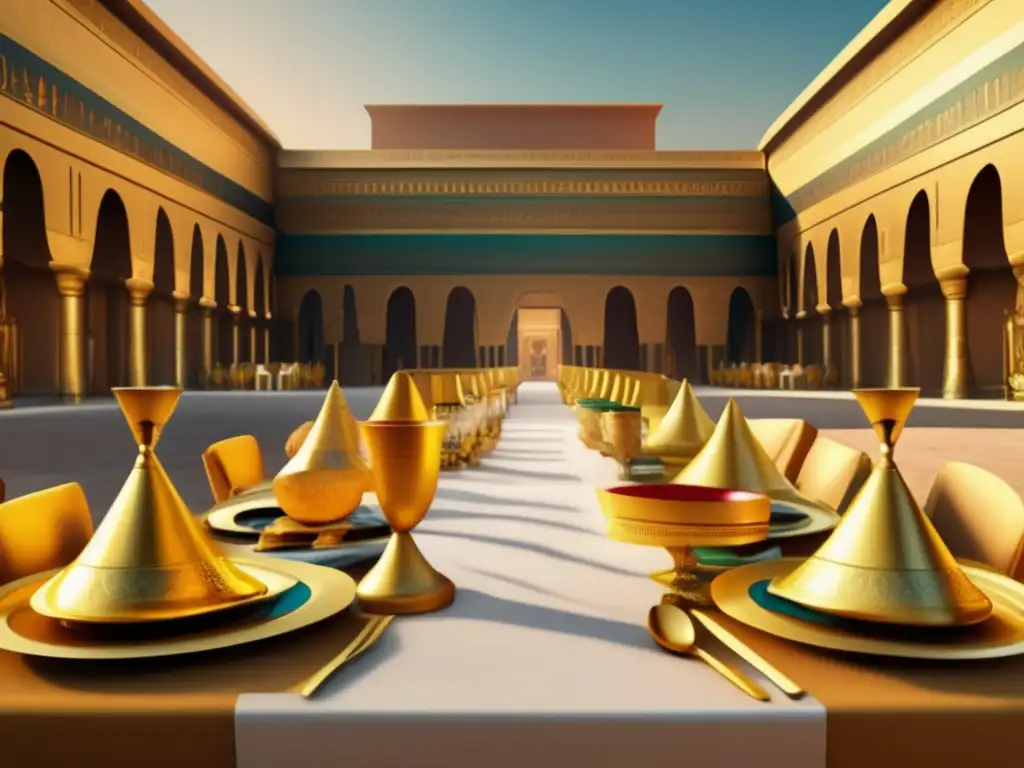 Banquete egipcio: una imagen en 8k que te transportará al opulento pasado Una escena de banquete egipcio en un palacio, muestra una mesa decorada con platos dorados y delicias egipcias