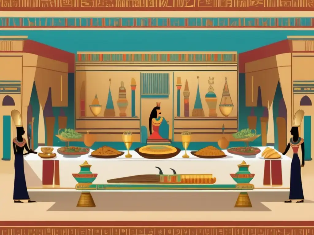 Una escena de banquetes funerarios en el antiguo Egipto: un majestuoso salón decorado con jeroglíficos y tallas intrincadas