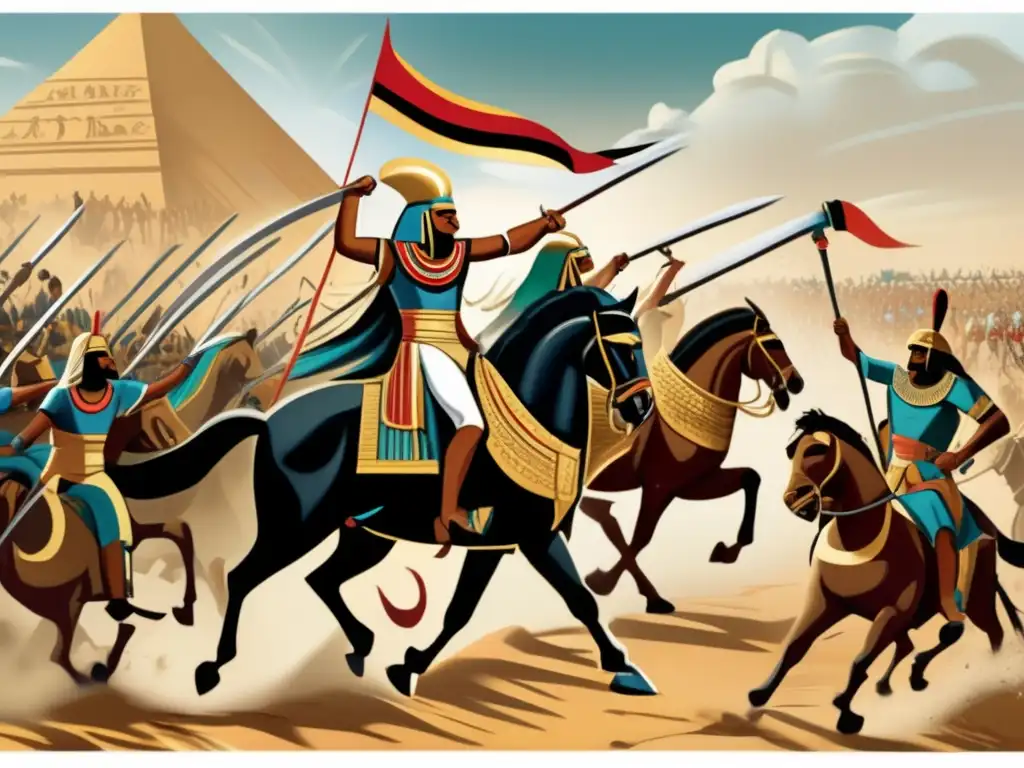 Una escena de batalla en el antiguo Egipto con soldados egipcios a caballo y elefantes adornados