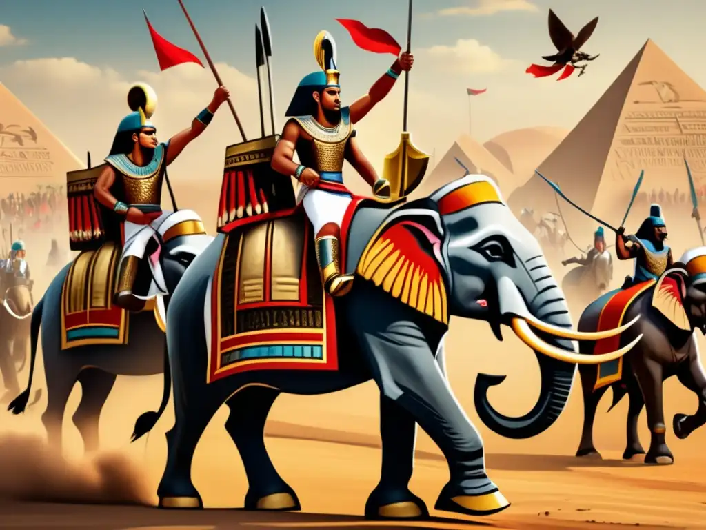 Una escena de batalla en el antiguo Egipto, con soldados montando majestuosos elefantes de guerra adornados con armaduras y estandartes