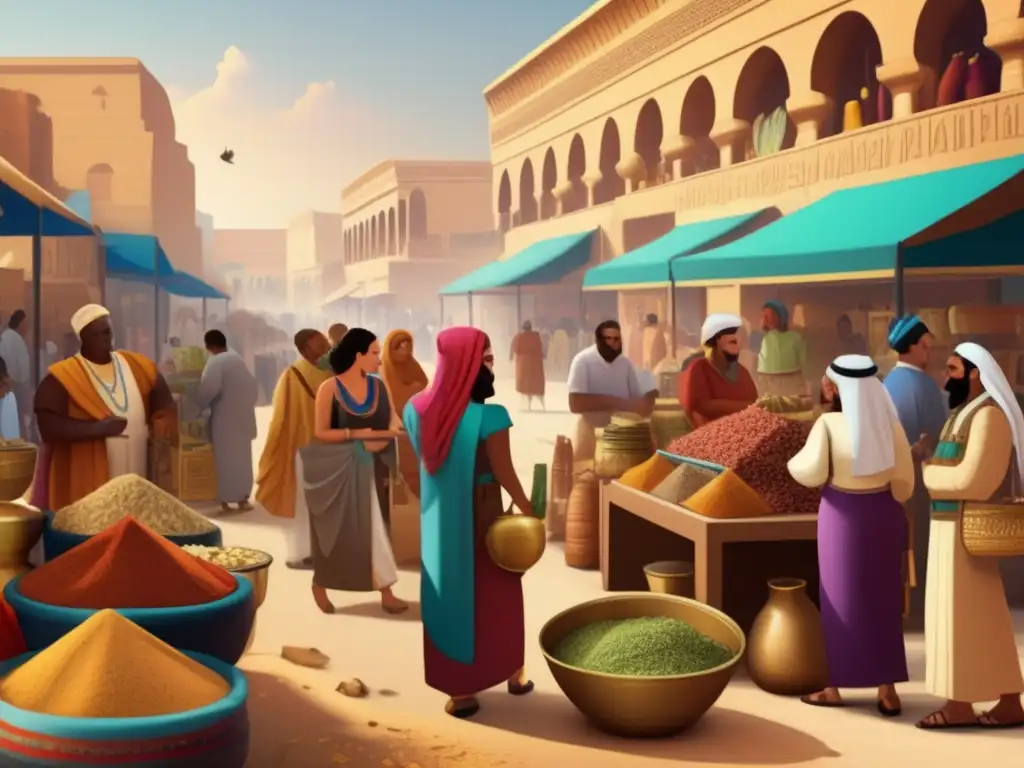 Una escena en una bulliciosa plaza de Egipto antiguo, con colores vibrantes y detalles intrincados
