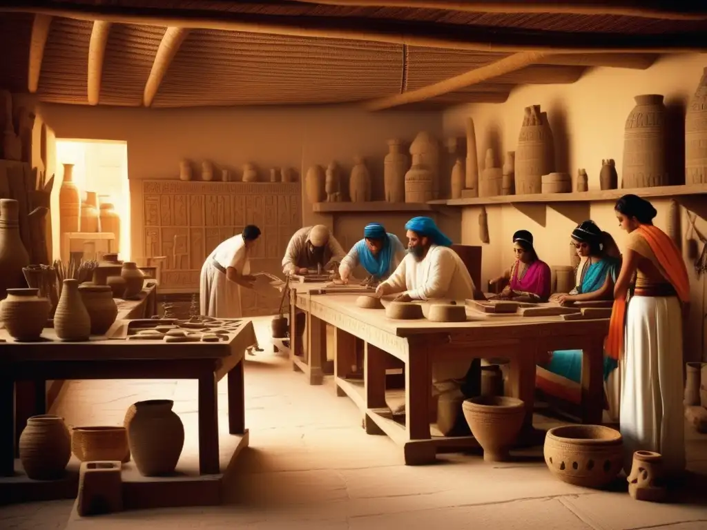 Escena de un bullicioso taller en Egipto antiguo, donde hábiles artesanos trabajan diligentemente en diversas manualidades