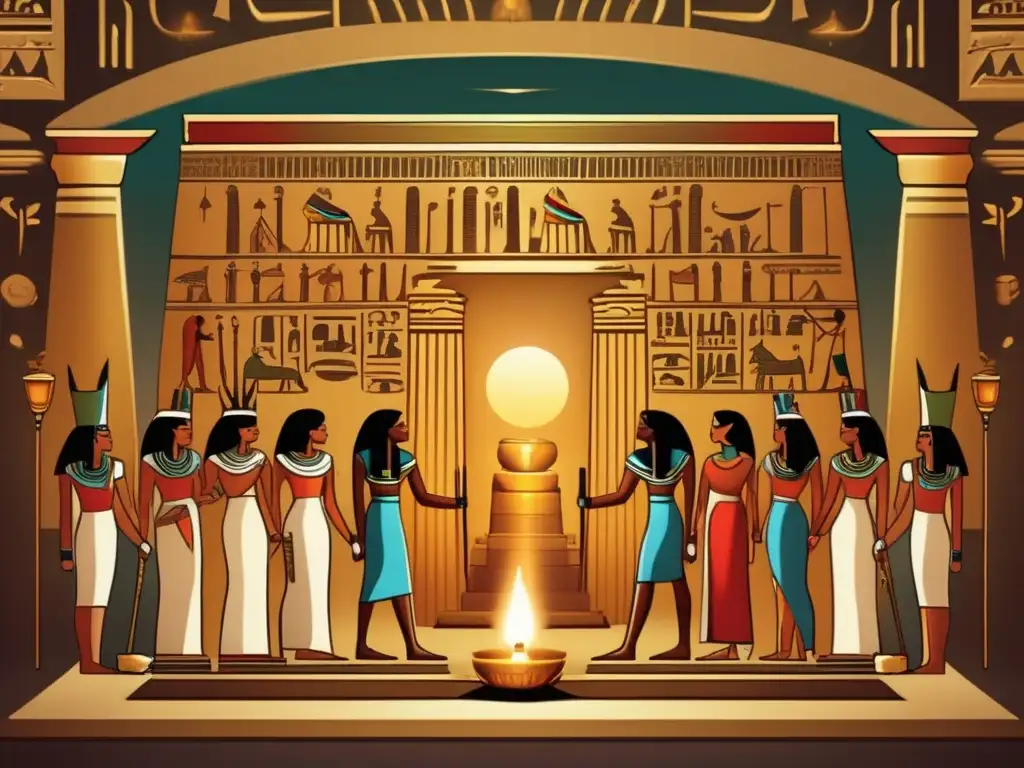 Escena en el Egipto PreDinástico: Mitología y culto envuelto en misterio y devoción, con detalles intrincados y cálida iluminación de velas