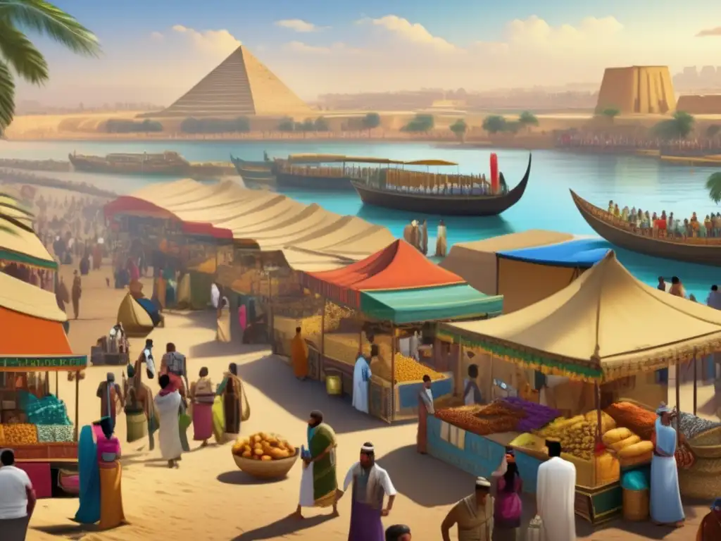 Una escena detallada de un animado mercado egipcio en las orillas del Nilo