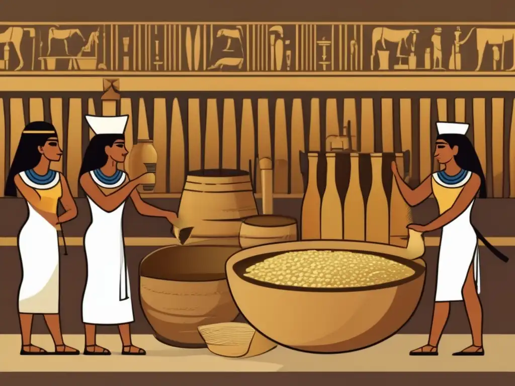 Una escena detallada muestra una antigua cervecería egipcia