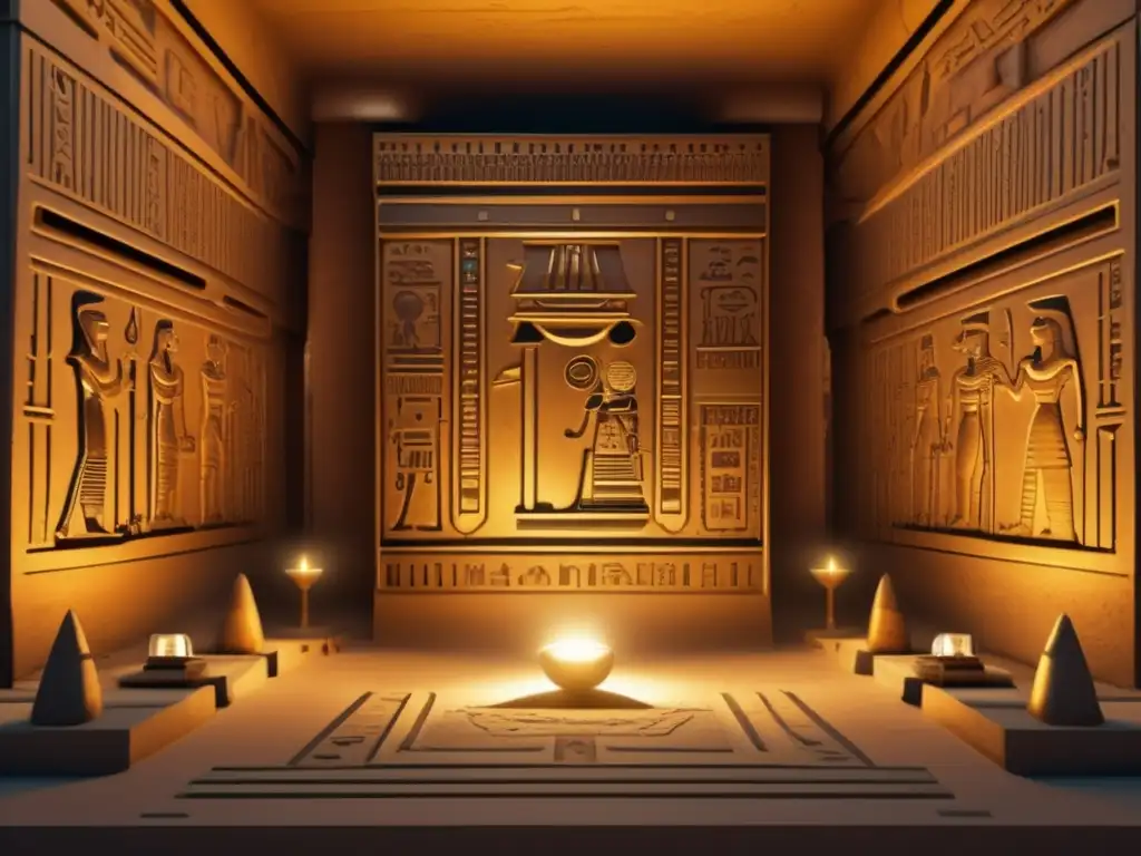 Una escena detallada muestra una antigua tumba egipcia iluminada tenue y decorada con jeroglíficos