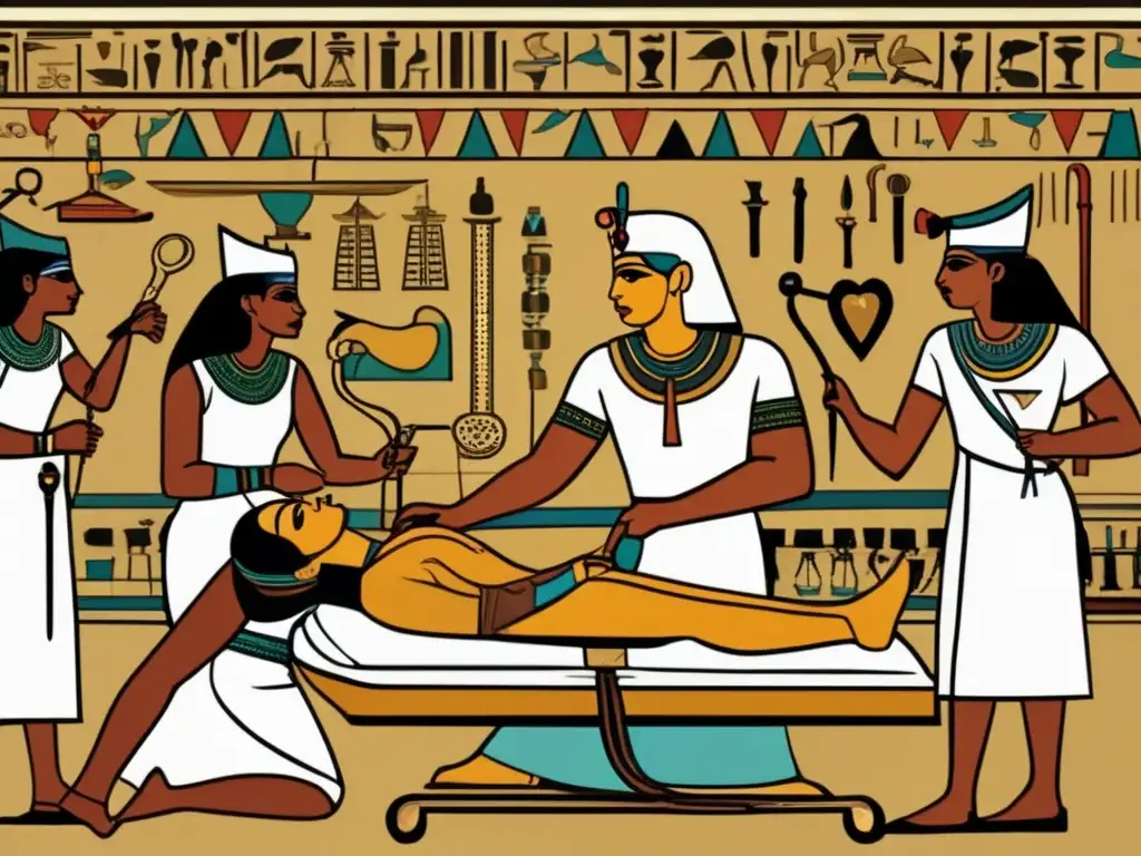 Escena detallada de un antiguo cirujano egipcio realizando una delicada cirugía cardíaca