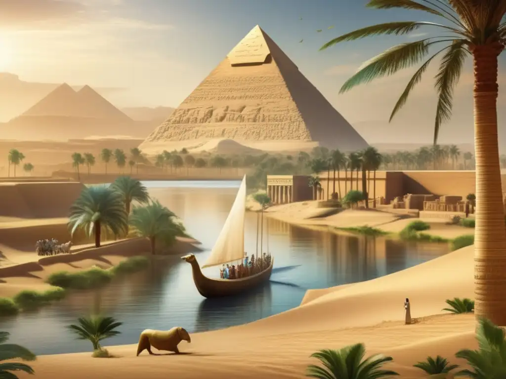 Escena detallada de Egipto antiguo con influencia de elementos acuáticos en la sociedad y mitología egipcia