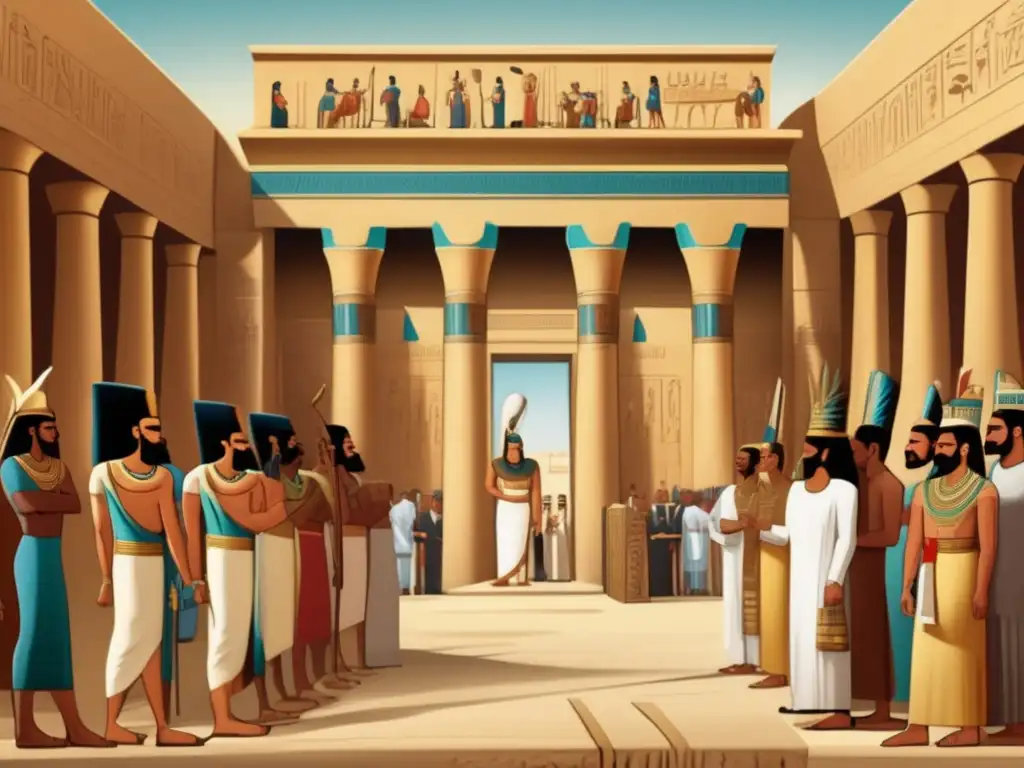 Una escena detallada del antiguo Egipto, con líderes políticos reunidos en un majestuoso patio