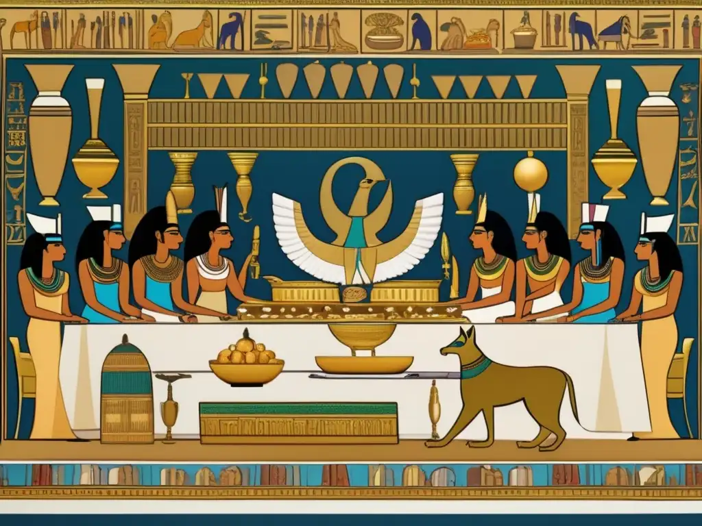 Una escena detallada de un banquete en el antiguo Egipto muestra una decoración opulenta de vajillas y banquetes