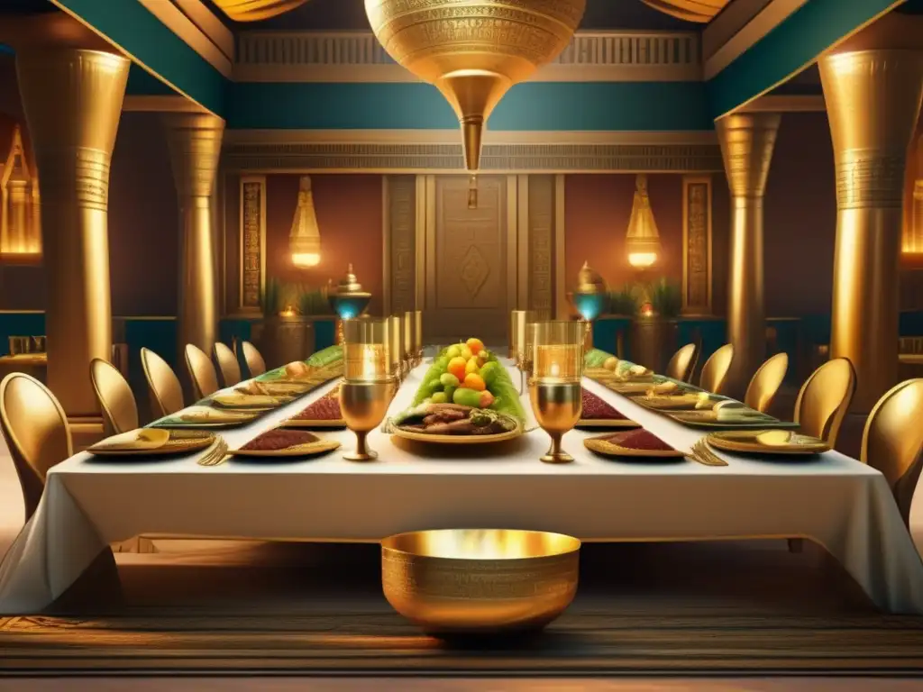 Una escena detallada de un banquete en el antiguo Egipto, con nobles disfrutando de un festín opulento