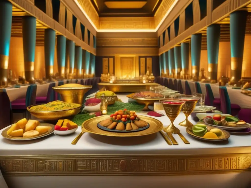 Una escena detallada de un banquete en el Antiguo Egipto, muestra una sala lujosa con grabados de jeroglíficos