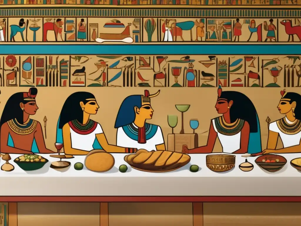 Una escena detallada de un banquete en el Antiguo Egipto que muestra la opulencia y abundancia de su alimentación