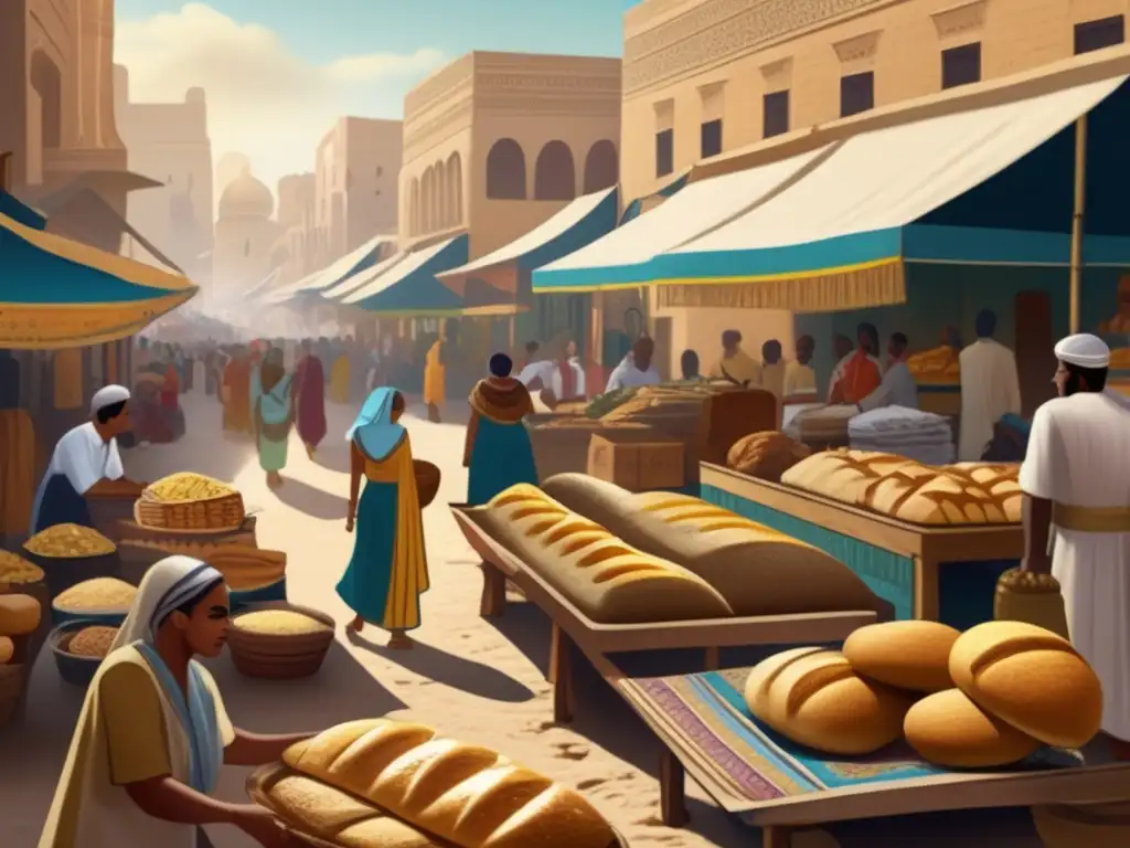 Escena detallada de un bullicioso mercado en el antiguo Egipto, con vendedores ofreciendo una dieta básica en el Antiguo Egipto