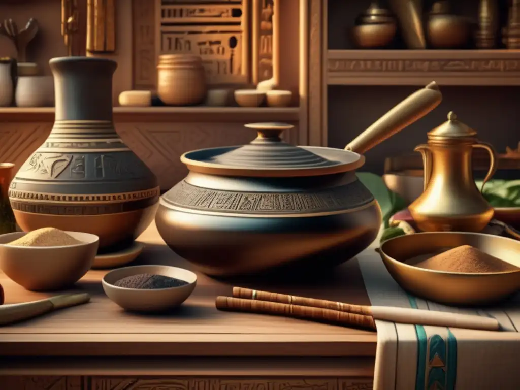 Una escena detallada en 8k de una cocina vintage egipcia con recetas tradicionales del Antiguo Egipto y elementos auténticos