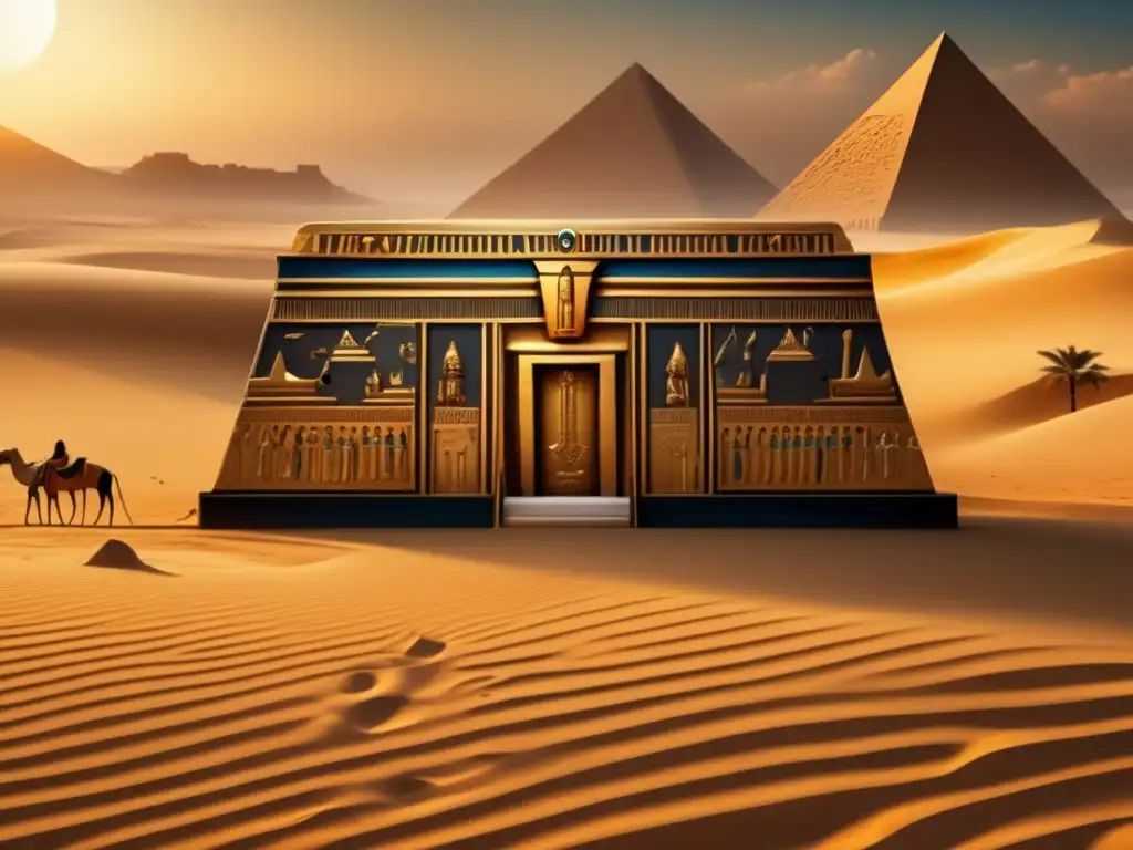 Una escena detallada y emotiva de un funeral en el Antiguo Egipto: la tumba del faraón adornada con jeroglíficos y lamentos vestidos de luto
