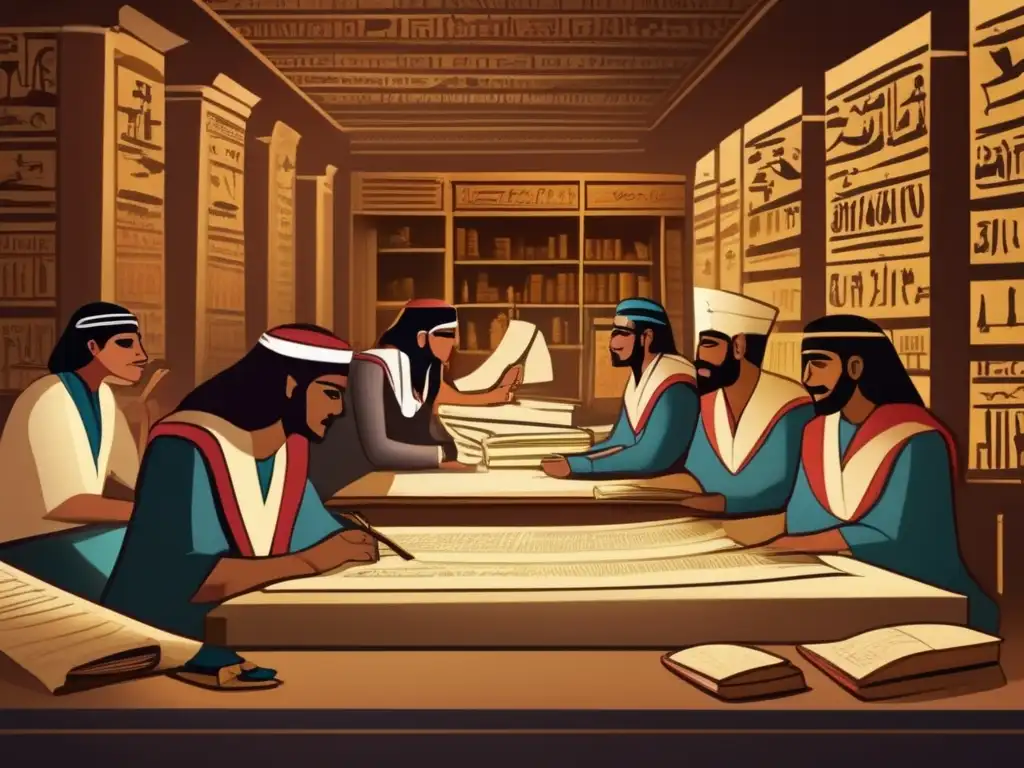 Escena detallada estilo vintage que muestra la función de los escribas egipcios en el proceso administrativo