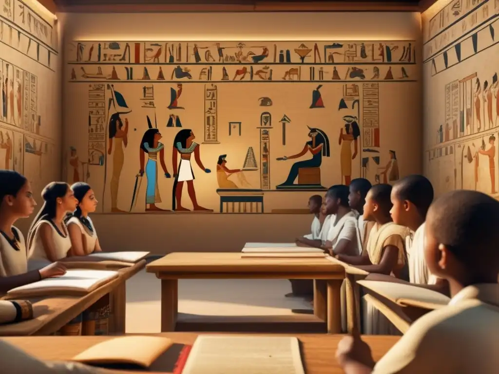 Una escena detallada y evocadora de la educación y literatura en el Antiguo Egipto