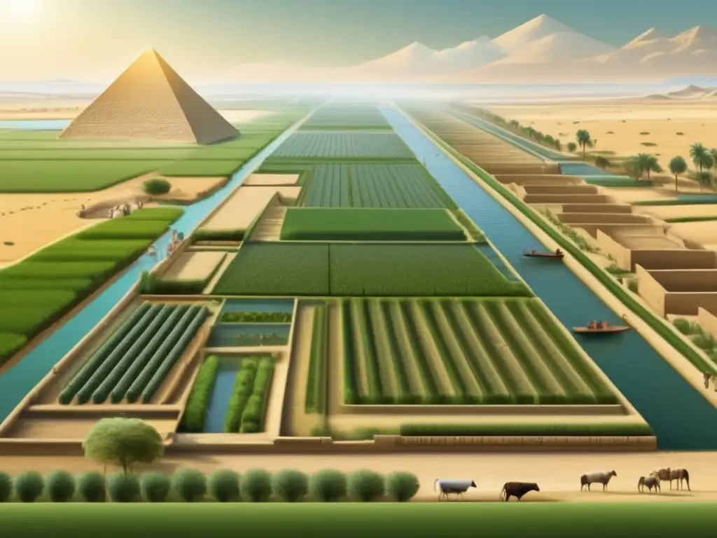 Una escena detallada y evocadora de los sistemas de irrigación en Egipto