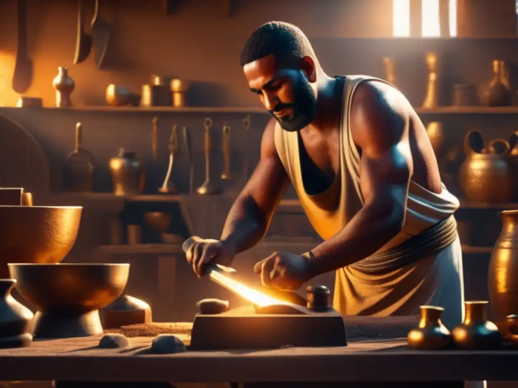 Escena detallada de un herrero egipcio trabajando con bronce y oro en su taller