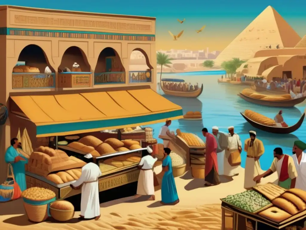 Escena detallada de una panadería vintage en el antiguo Egipto, junto al río Nilo