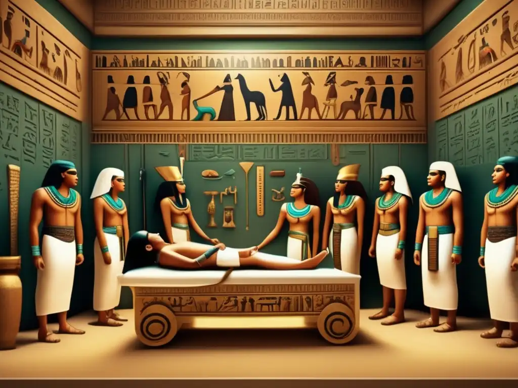 Una escena detallada en 8k muestra prácticas quirúrgicas egipcias antiguas en un teatro bullicioso