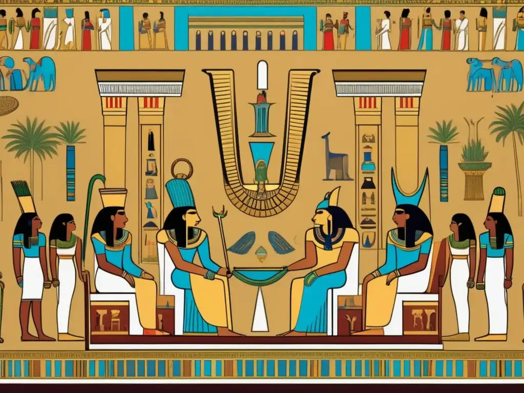 Una escena diplomática antigua egipcia muestra a Ramsés II rodeado de oficiales y diplomáticos extranjeros en un majestuoso salón