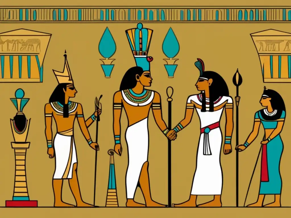 Una escena diplomática del antiguo Egipto muestra al Faraón rodeado de consejeros, vistiendo atuendos dorados y joyas