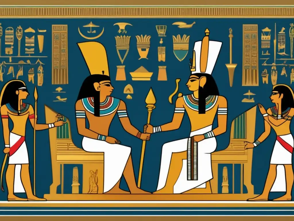 Una escena diplomática del Segundo Periodo Intermedio Egipcio se despliega en un lujoso palacio adornado con jeroglíficos intrincados